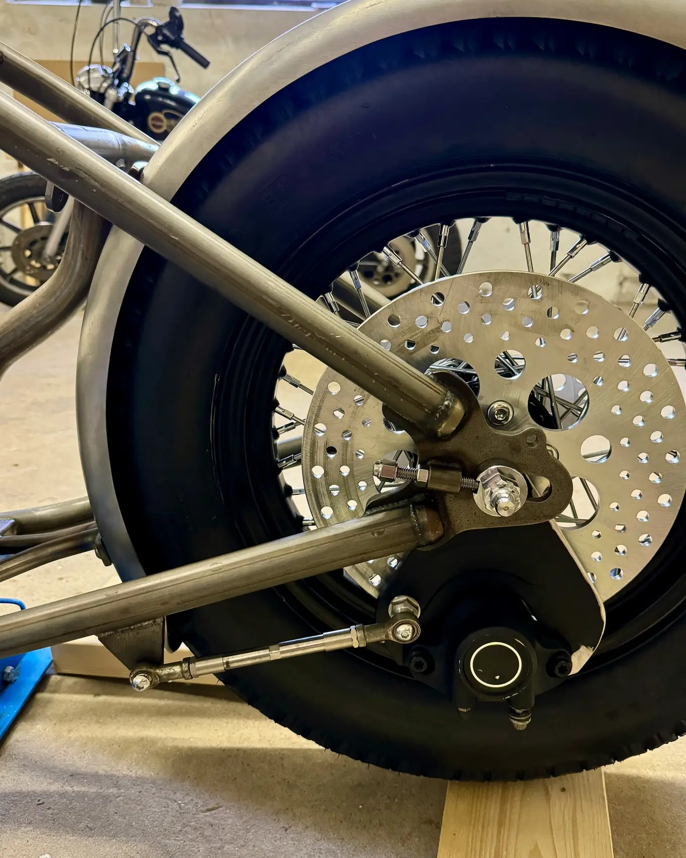 The rear wheel and brake, seen from behind the frame