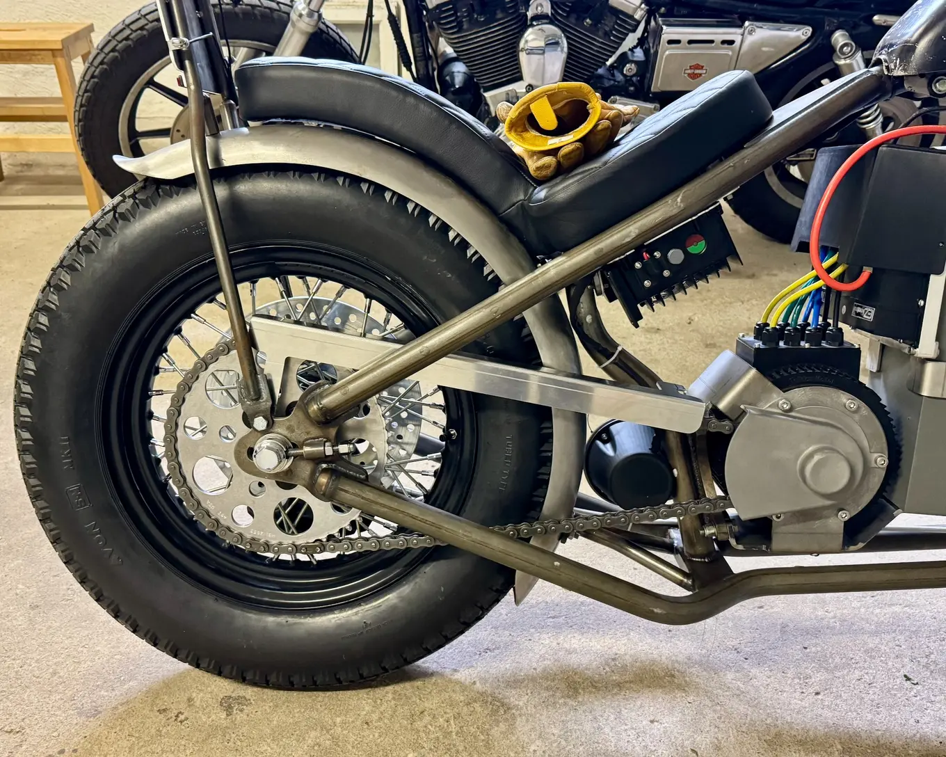 The front wheel and fender, seen from the side outdoors