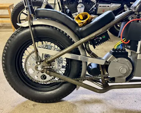 The front wheel and fender, seen from the side outdoors